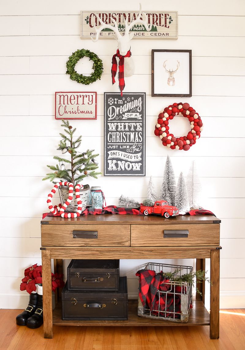 botle brush trees and red elements in Christmas Entryway Decoration 