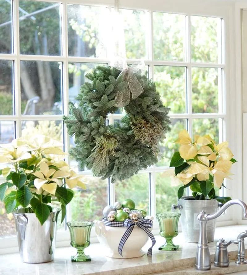 display green wreath on window  