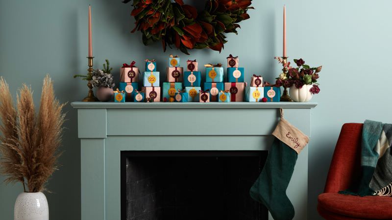 giftbox Advent calendar on Fireplace Mantel 