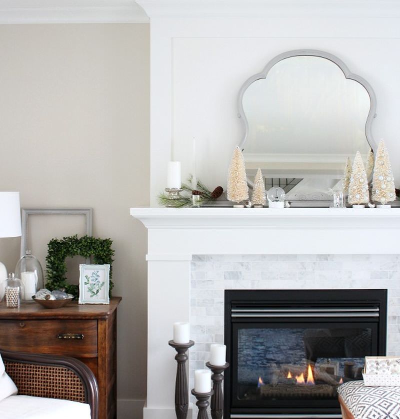 Bottle brush trees on Fireplace Mantel 