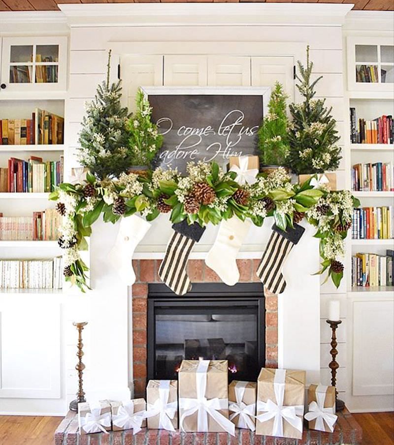 Green and pinecones for Christmas Fireplace Mantel Decoration 