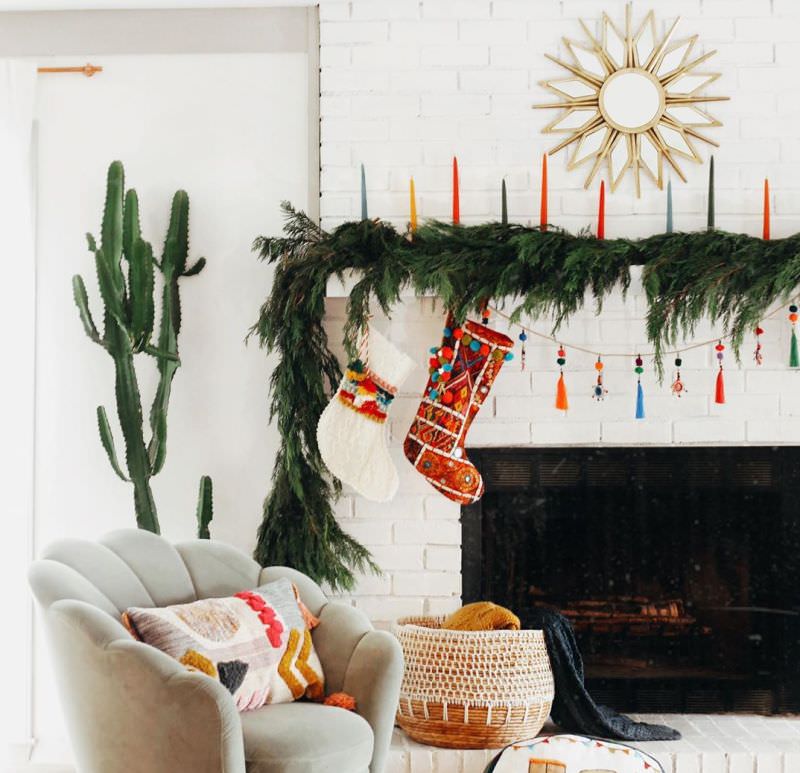 colorful garland on Fireplace Mantel 