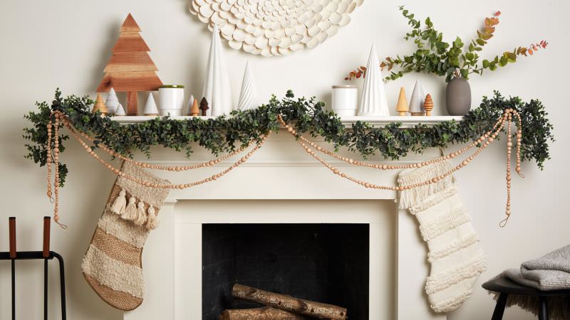 Christmas Fireplace Mantel Decoration with Quirky garlands and miniature trees 