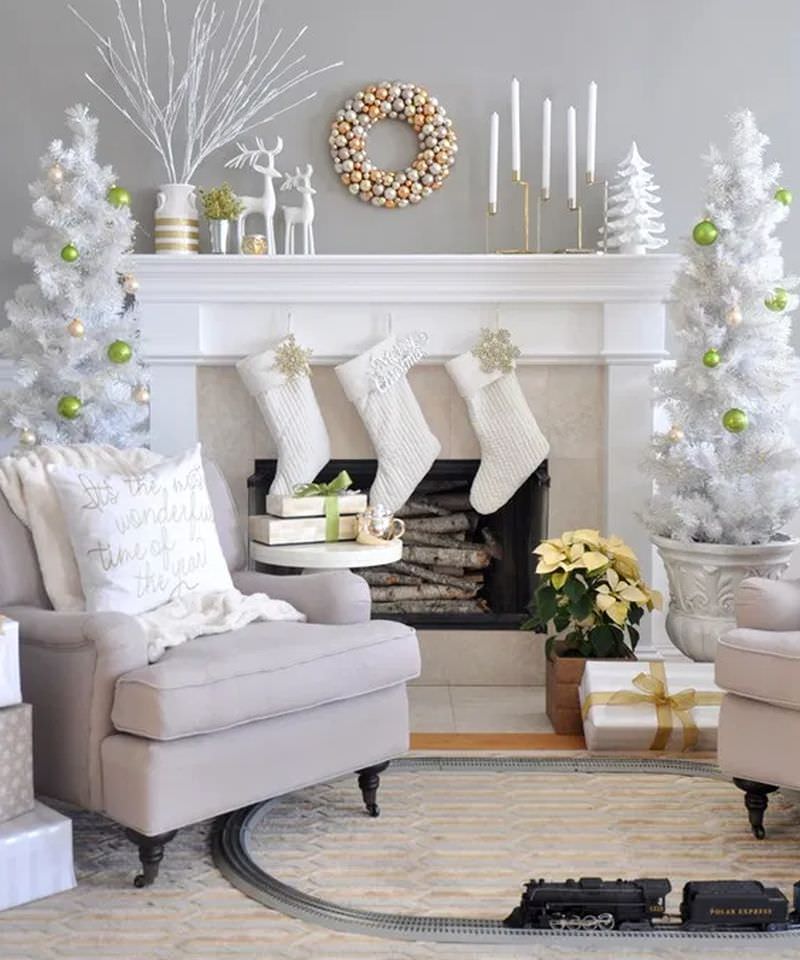 Christmas Fireplace Mantel Decoration with white decorations  