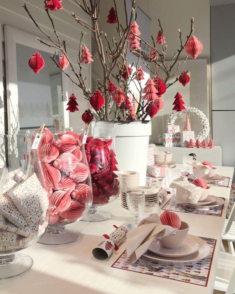 Christmas tablescape with paper ornaments on tree branch tree 