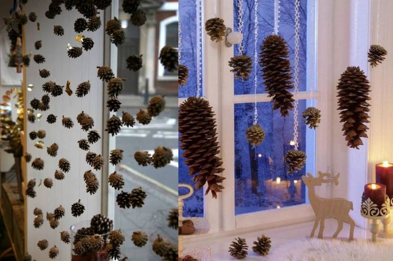 using pine cones in Christmas Window Decoration 