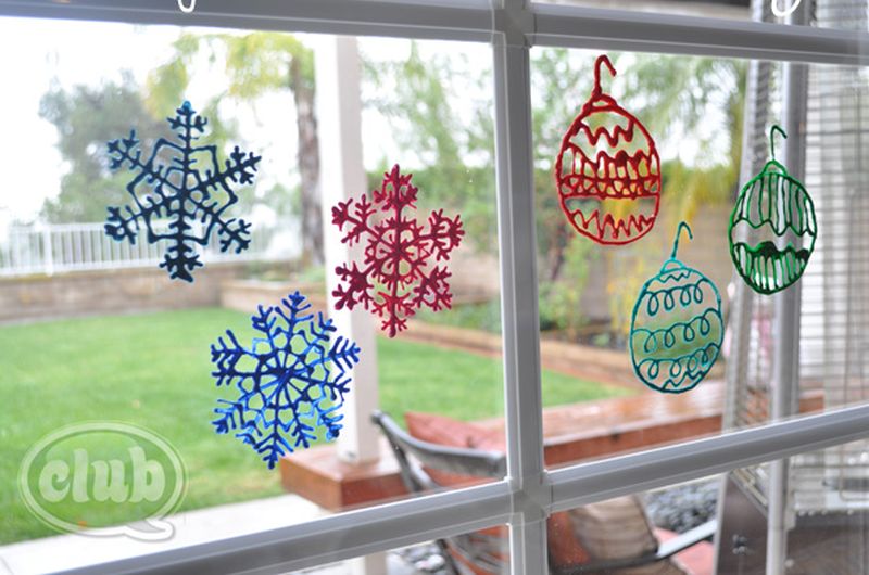 glittery, puffy-paint snowflake and ornaments for window decoration
