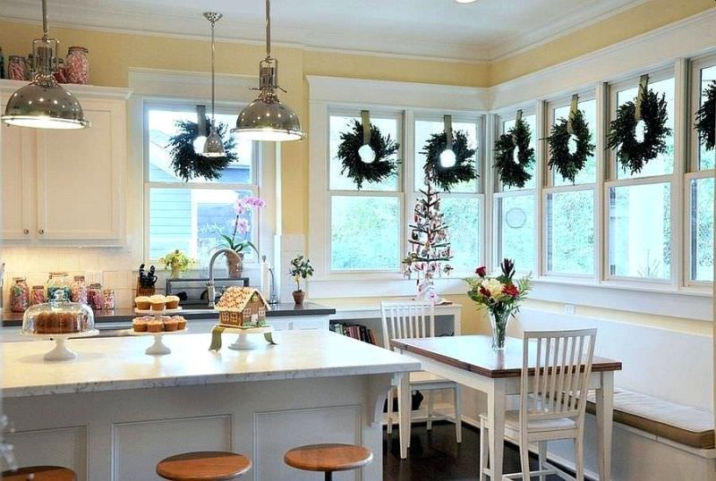 green wreaths on window 