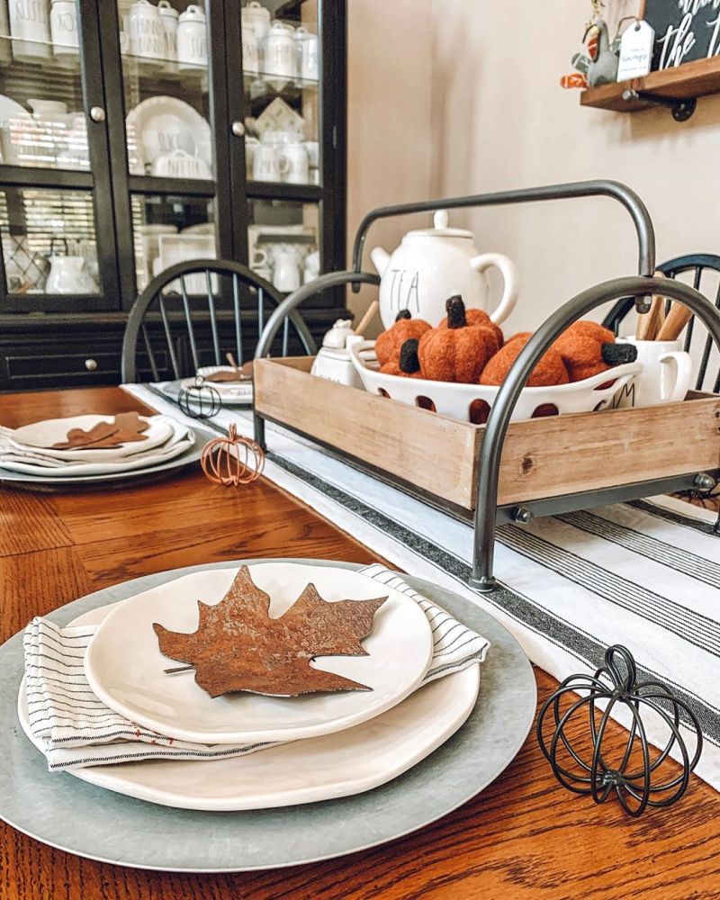 Thanksgiving Table Décor with tray filled with fake pumpkins 