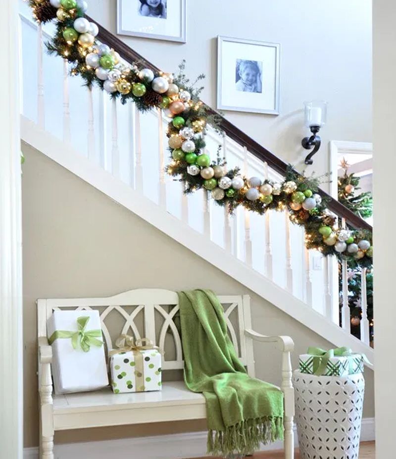 staircase decor with Christmas tree ornaments 