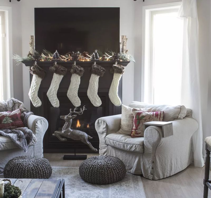 use leaves, pine cones, and wooden miniature trees for Fireplace Mantel Decoration 