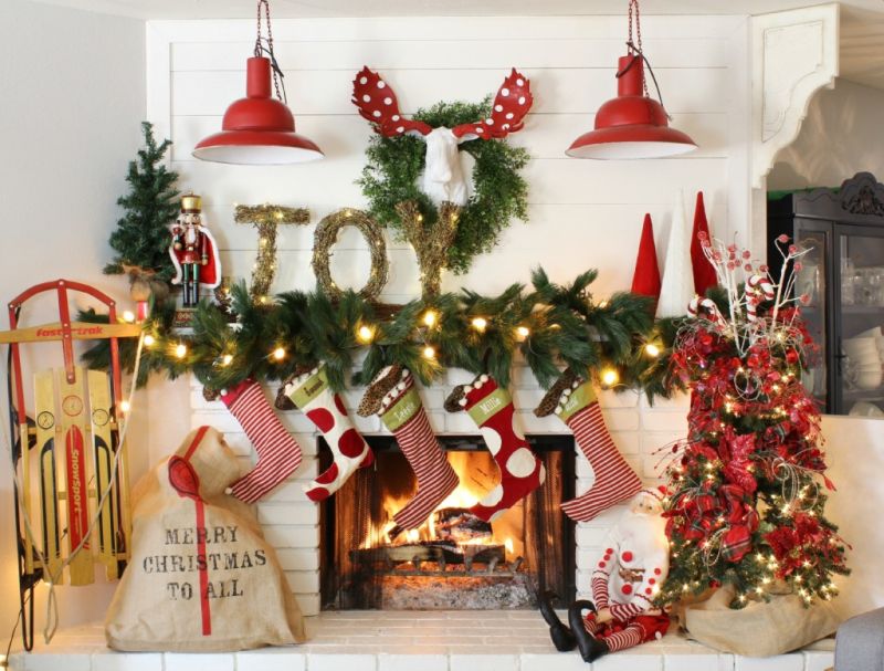 Christmas Fireplace Mantel decked in Red, green, and white