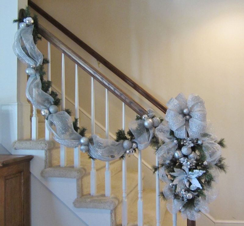 Mesh garland for Christmas staircase decor