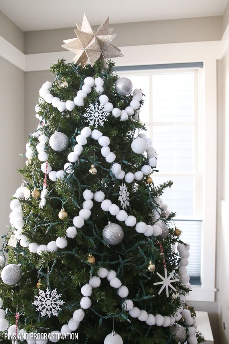 pom pom garland on Christmas tree