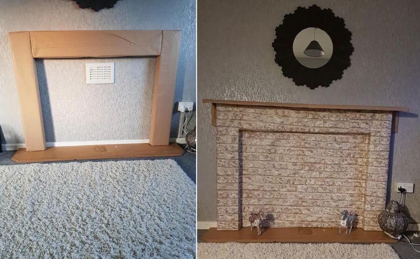 Mom Builds Fireplace Using Cardboard For Christmas Decorations