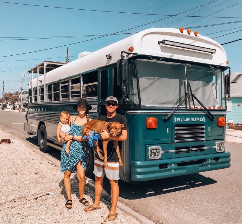 Couple Travels Full-Time in Converted Bus Home with Baby Girl and Dog